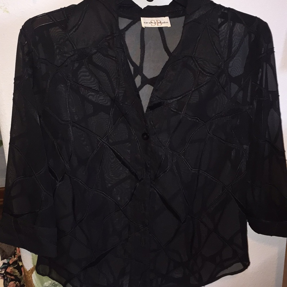 Elegant Black See-Through Top with Midi-Sleeves